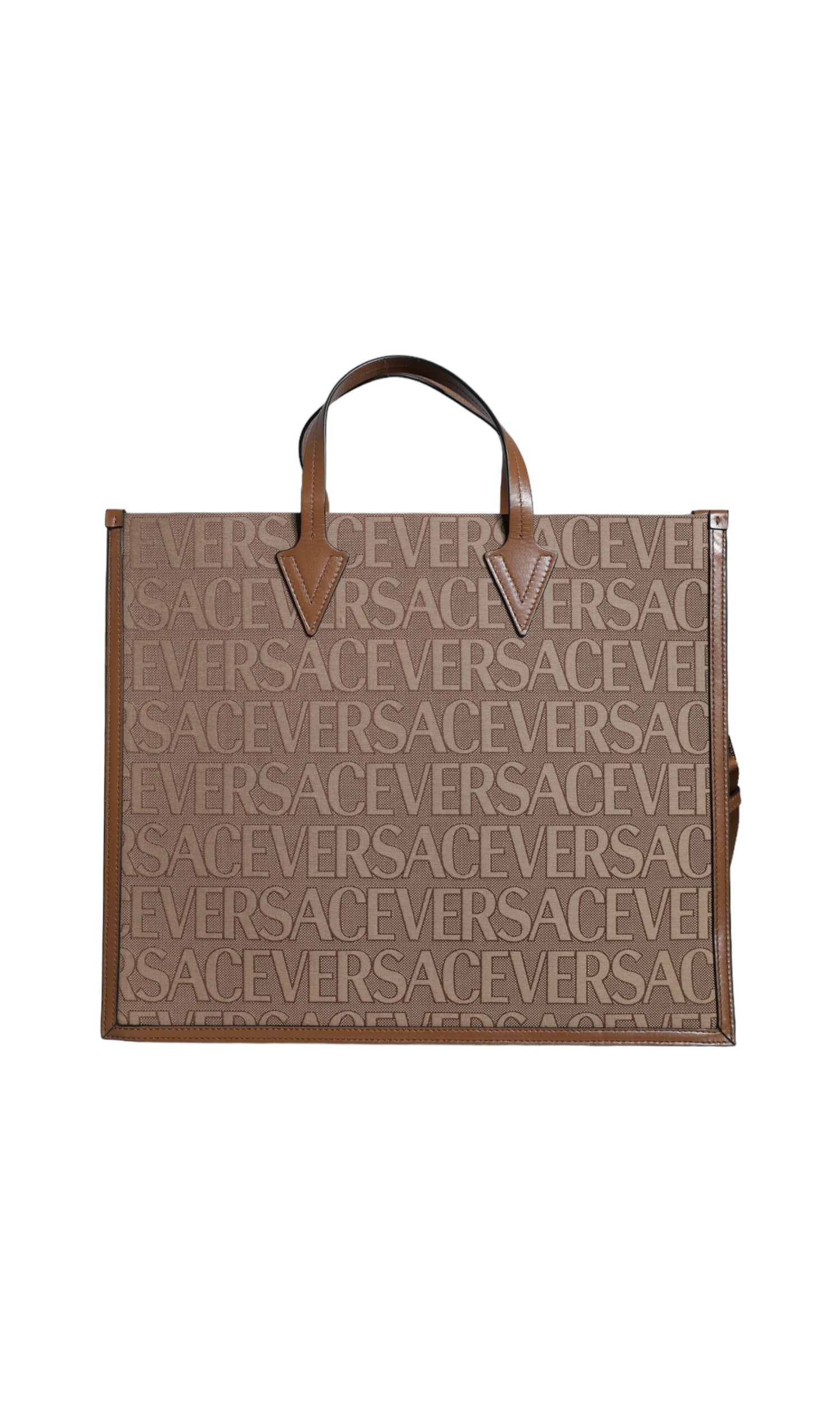 Versace Top Handle Jacquard Leather Logo Crossbody Tote Brown Bag Glam Steals