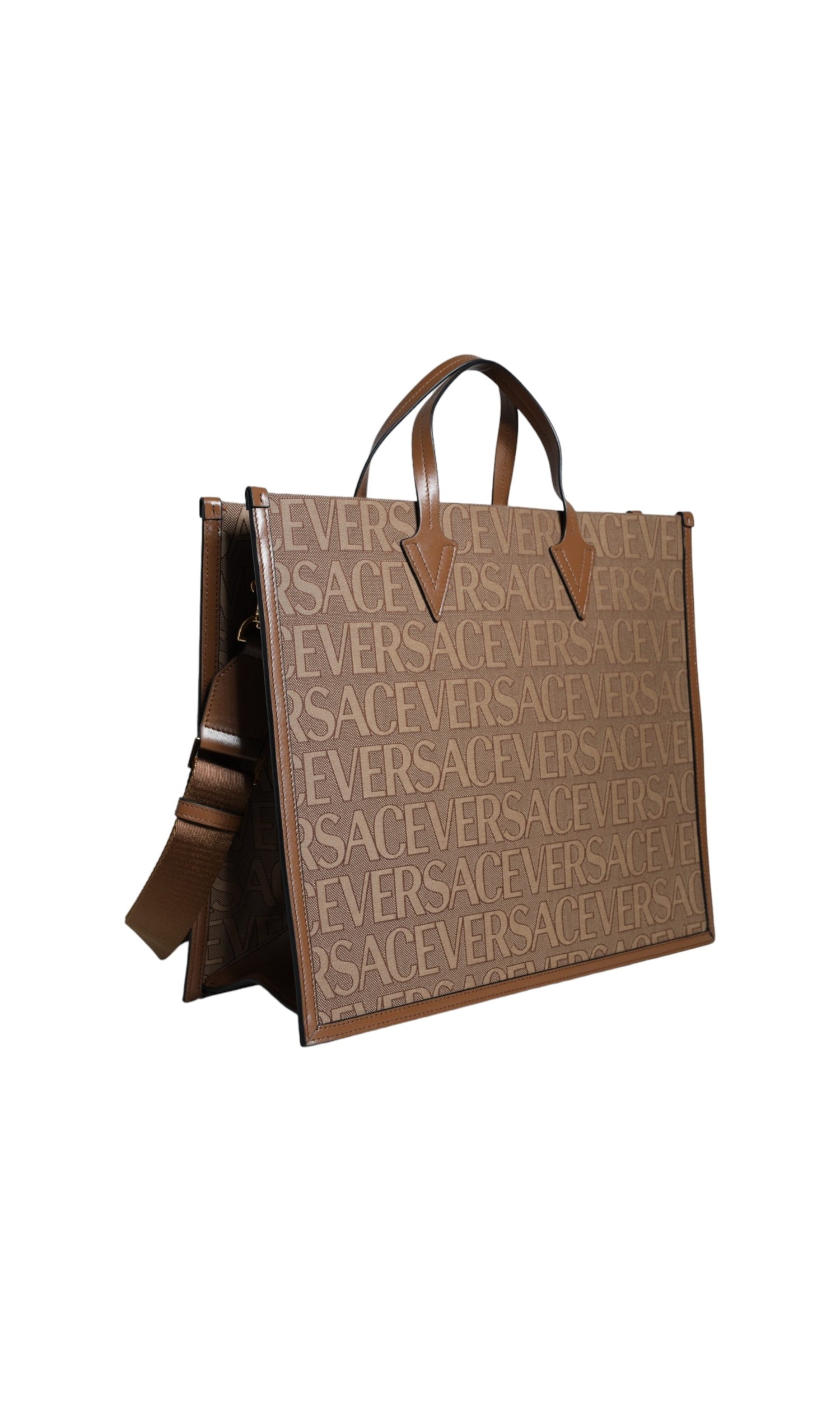 Versace Top Handle Jacquard Leather Logo Crossbody Tote Brown Bag Glam Steals