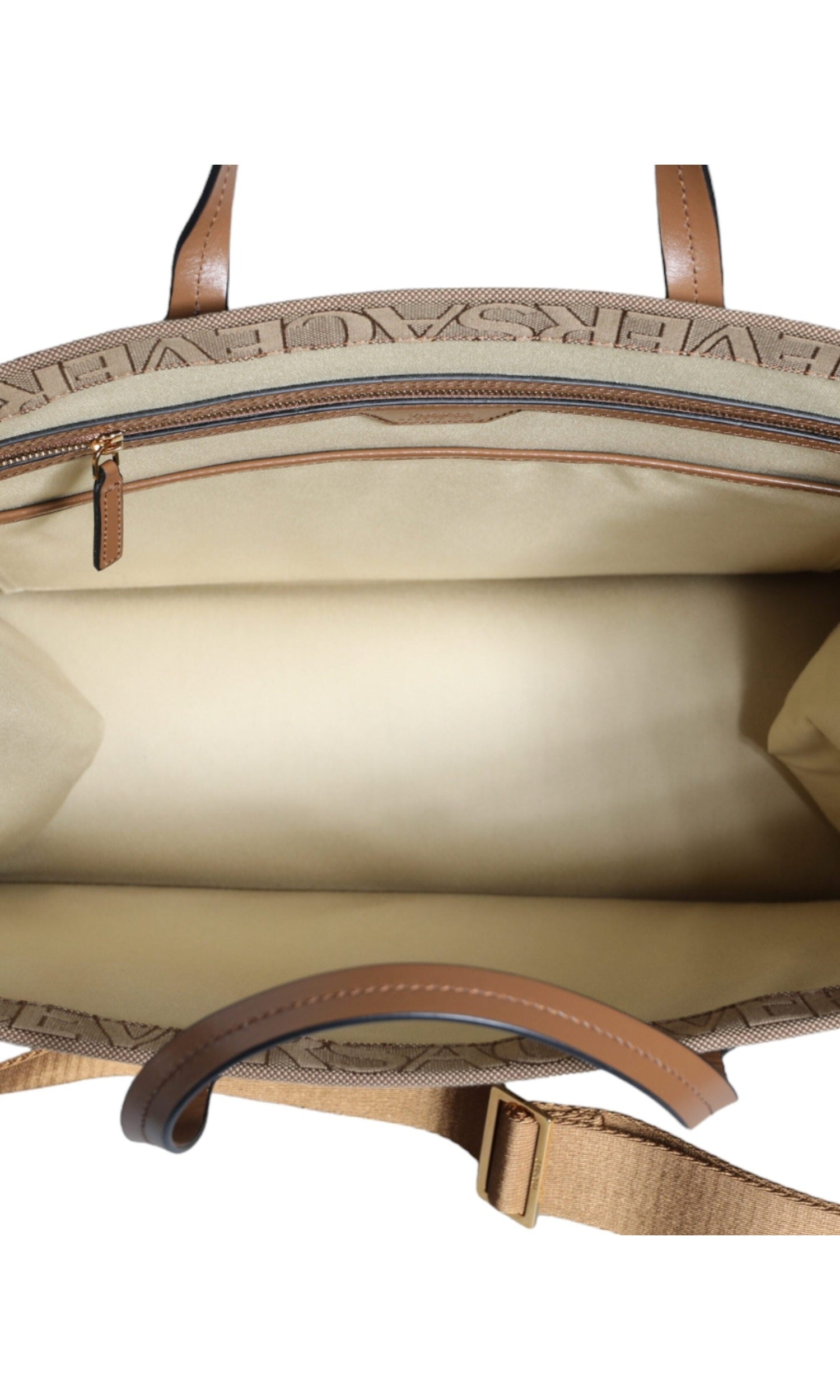 Versace Top Handle Jacquard Leather Logo Crossbody Tote Brown Bag Glam Steals