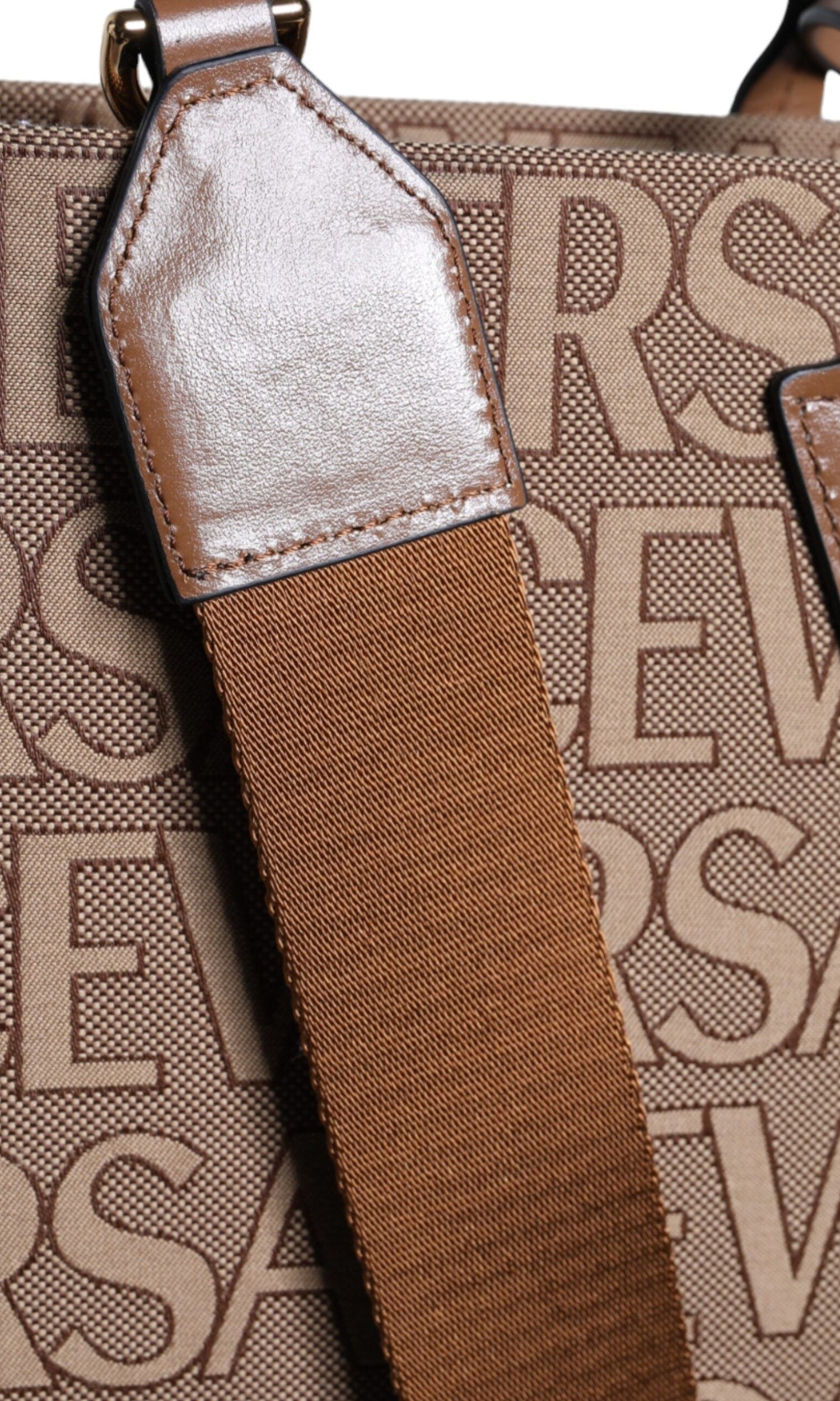 Versace Top Handle Jacquard Leather Logo Crossbody Tote Brown Bag Glam Steals