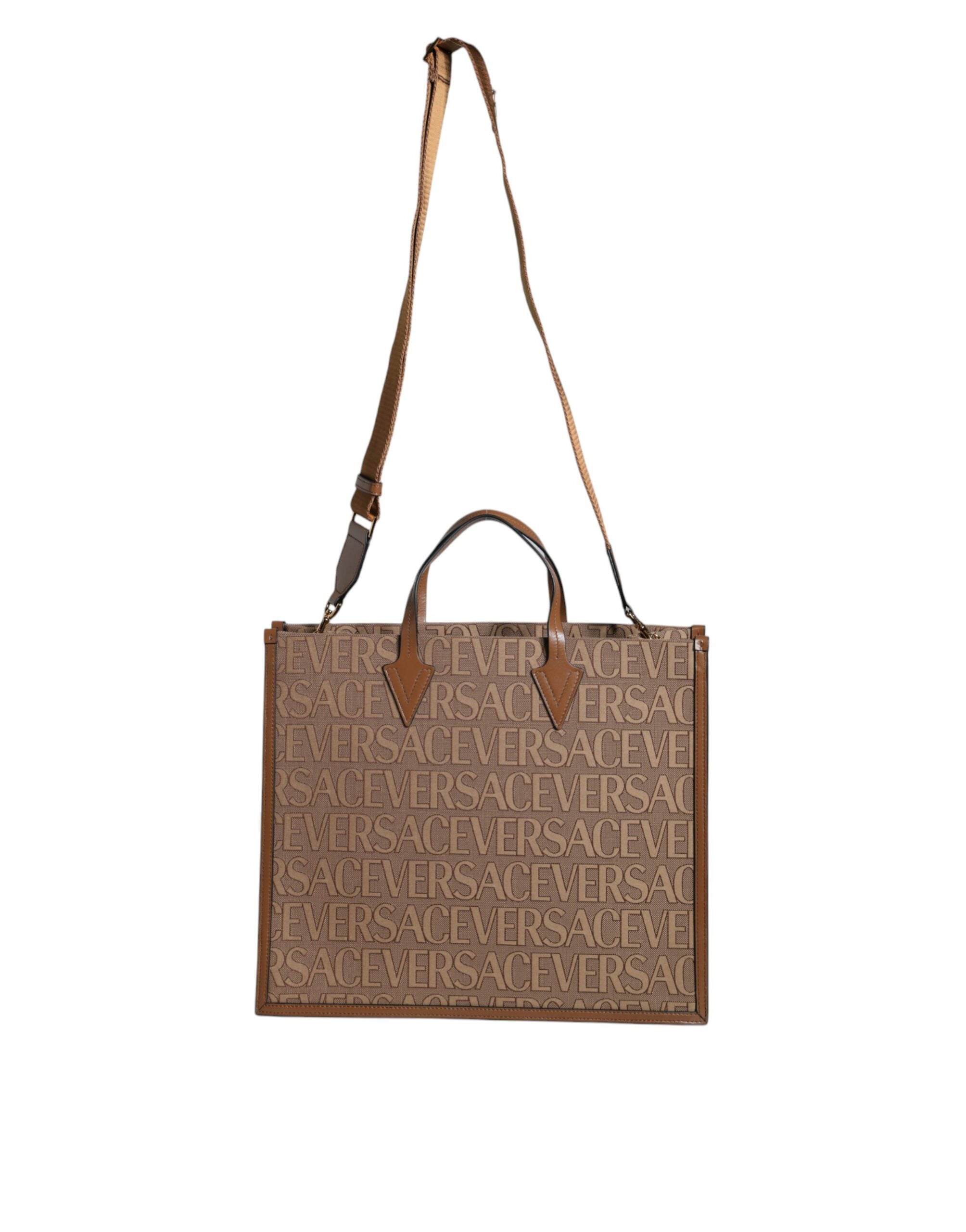 Versace Top Handle Jacquard Leather Logo Crossbody Tote Brown Bag Glam Steals