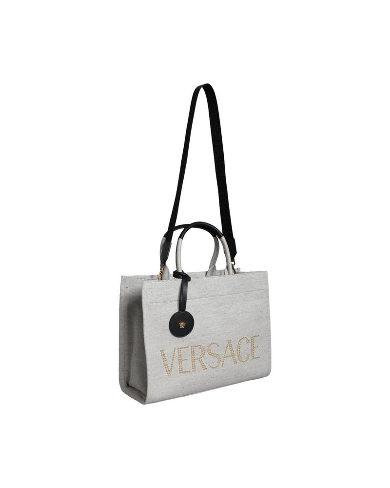 Versace Top Handle Canvas Leather Logo Crossbody Tote White Bag Glam Steals