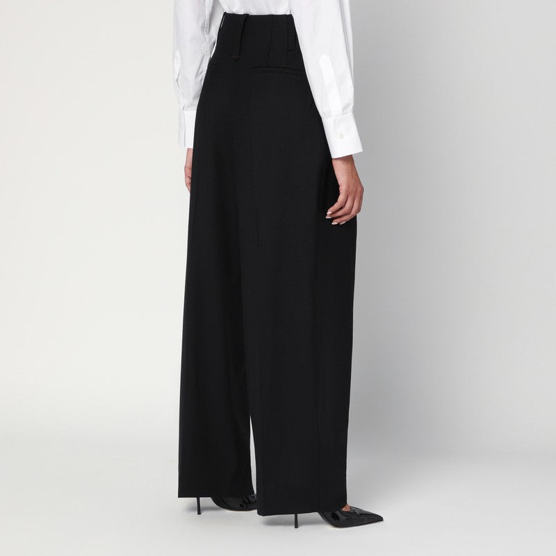 Victoria Beckham Black Wool Wide Trouser in Blend Glam Steals