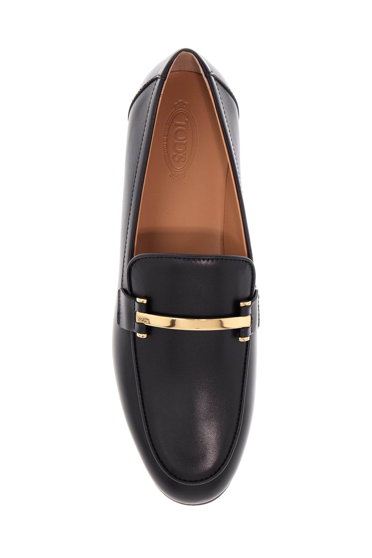 Tods Calfskin Womens Loafers With Metallic Black Band