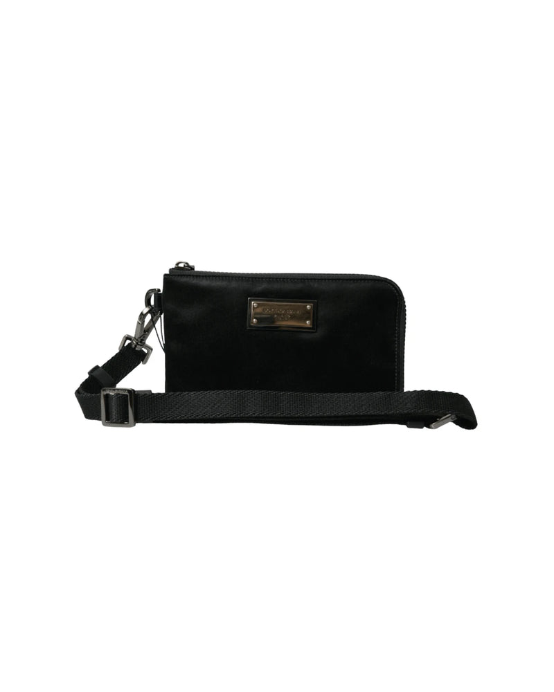 Dolce & Gabbana Black Nylon Leather Pouch With Decorative Details Clutch Bags