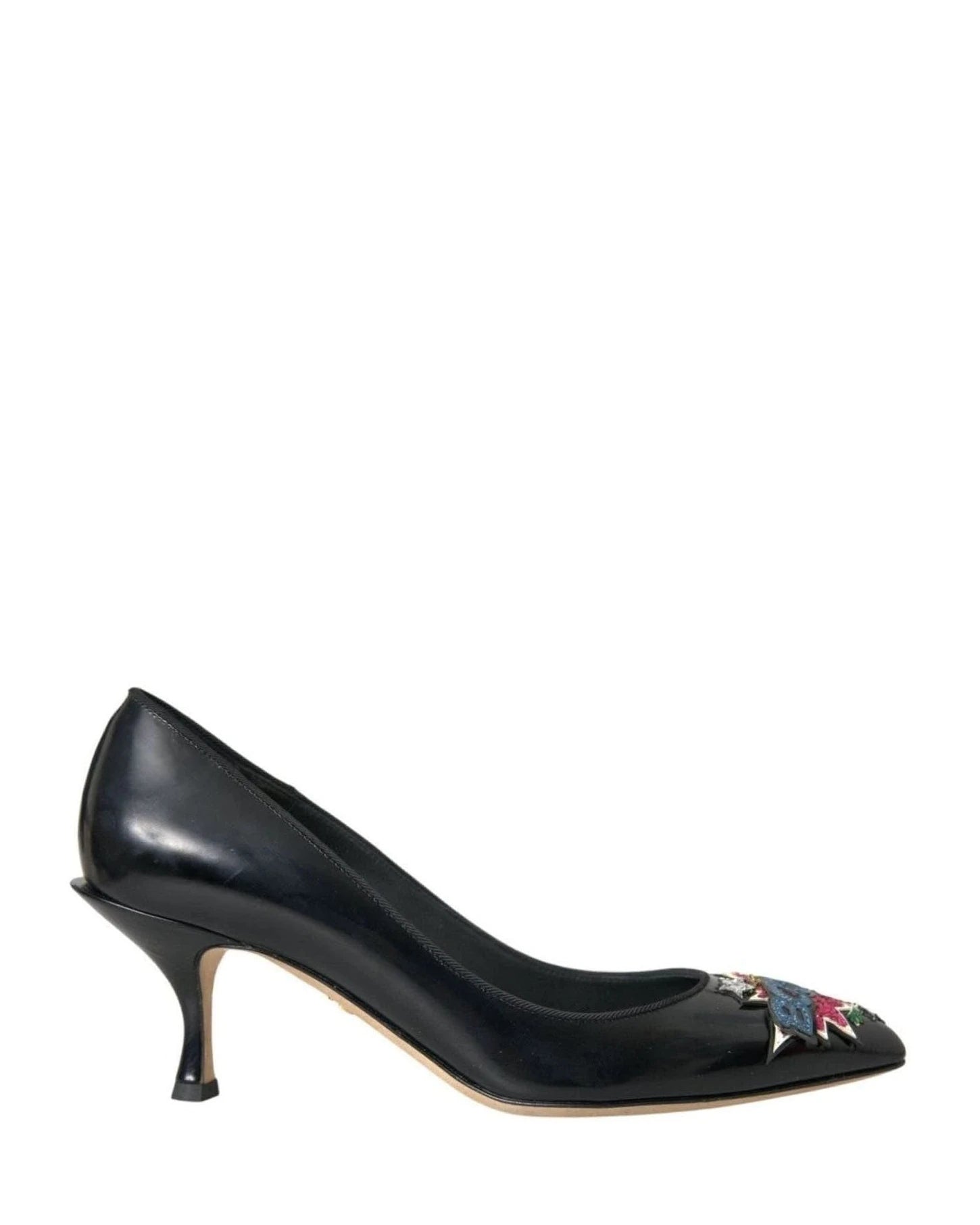 Dolce & Gabbana Black Leather Boom Patch Heels Pumps Shoes Heels