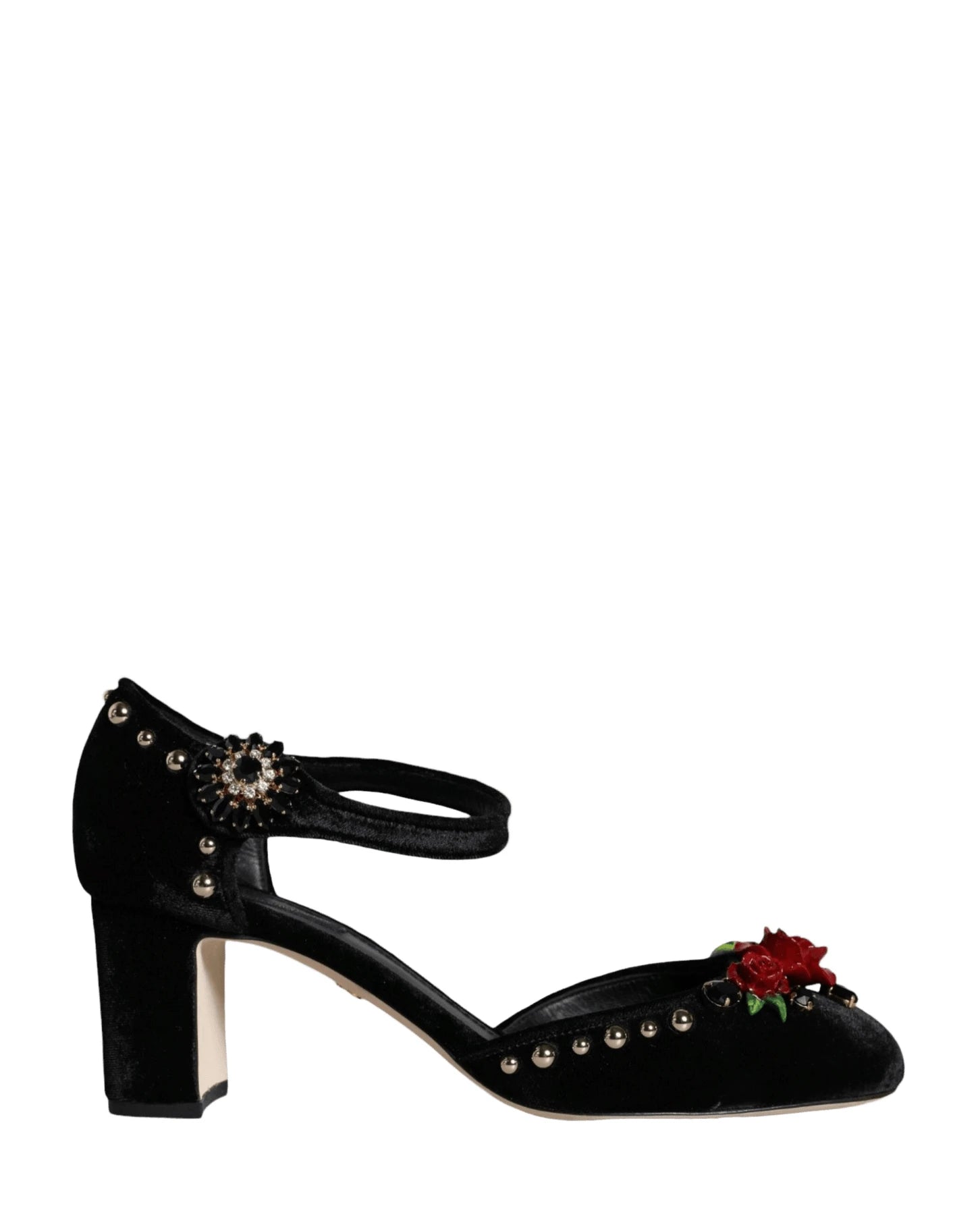 Dolce & Gabbana Black Velvet Roses Ankle Strap Pumps Shoes Heels